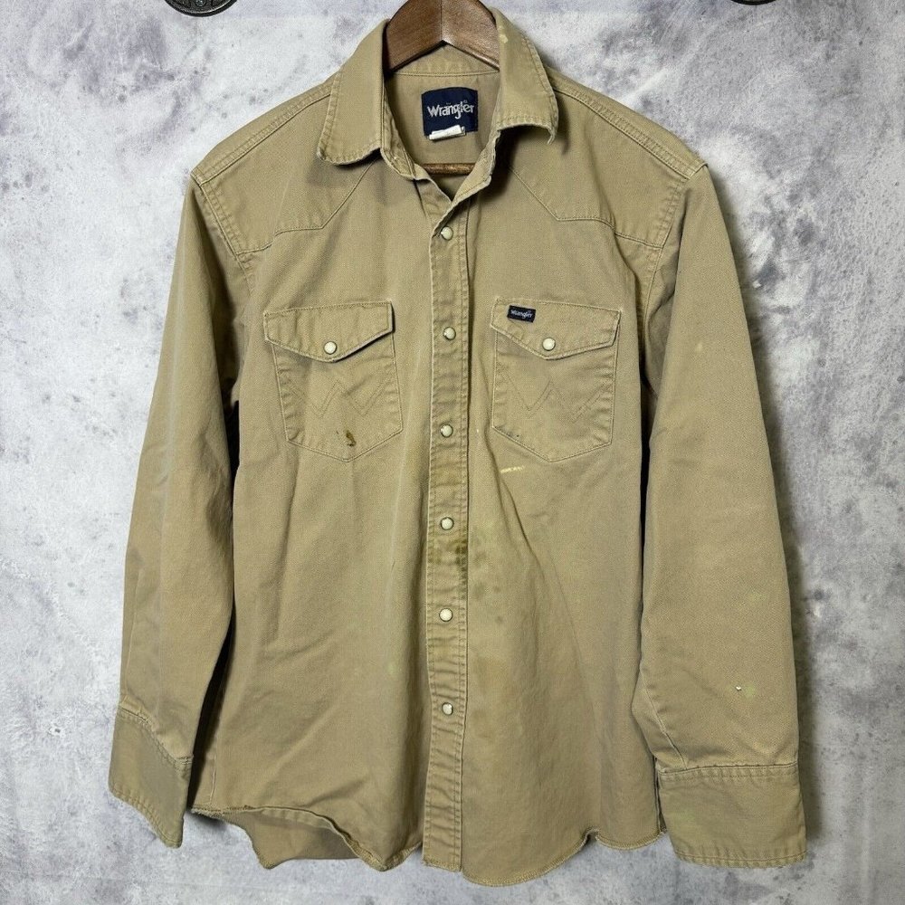 Wrangler Pearl Snap Shirt Mens Large Tan Canvas Button Up Workwear VTG M2